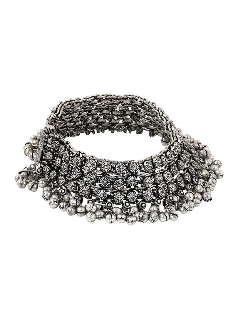 TEEJH Women Oxidized Silver-Toned Ghungroos Beaded Anklet