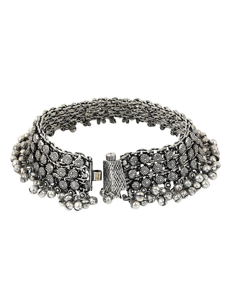 TEEJH Women Oxidized Silver-Toned Ghungroos Beaded Anklet