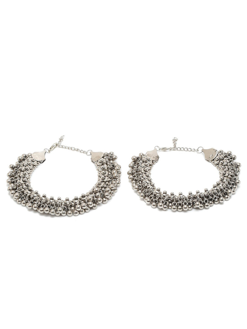 Sangria Set Of 2 German Silver Plated Beaded Oxidised Anklets