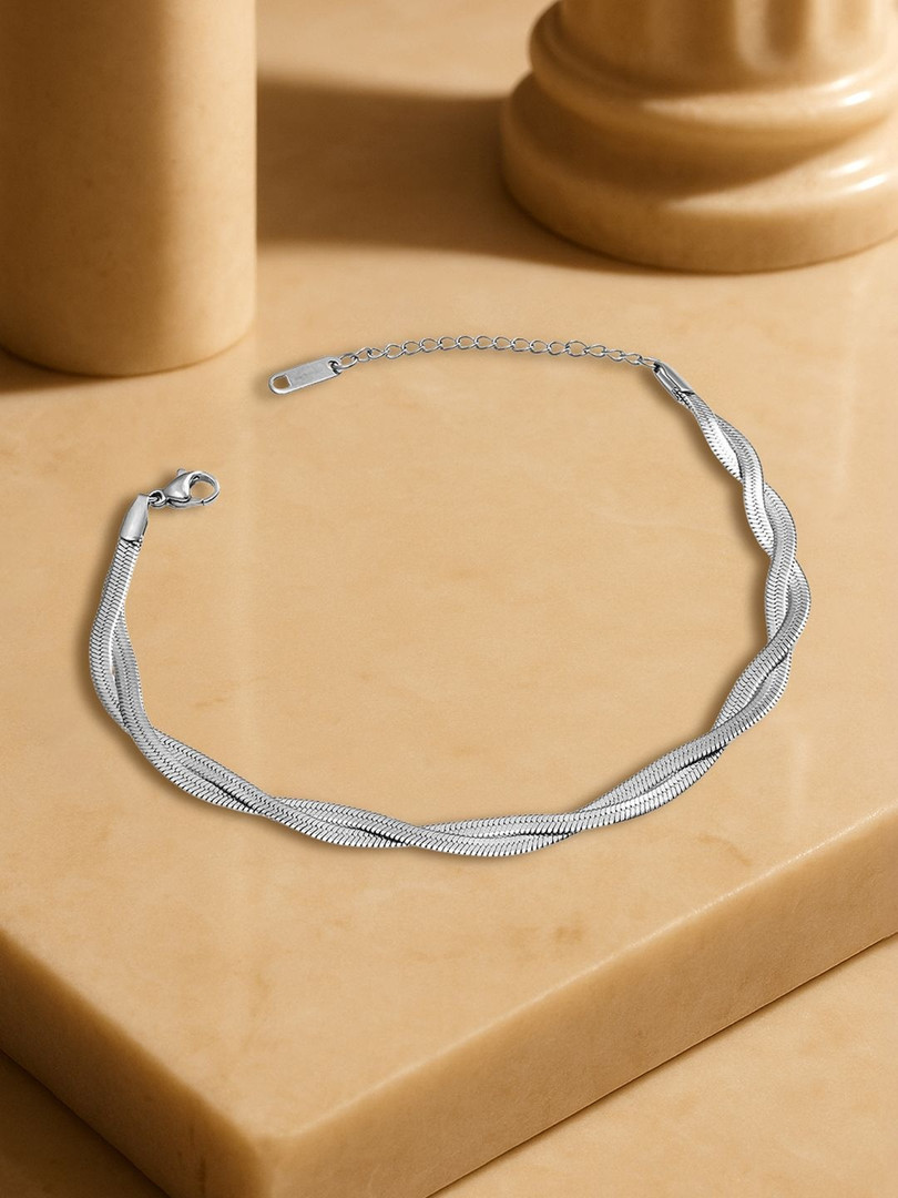 Anklets Rubans Women Rhodium-Plated Stainless Steel Tarnish-Free Waterproof Twisted Anklet