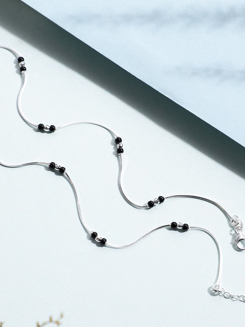 Zavya 925 Pure Sterling Silver Rhodium-Plated Beaded Single Anklet