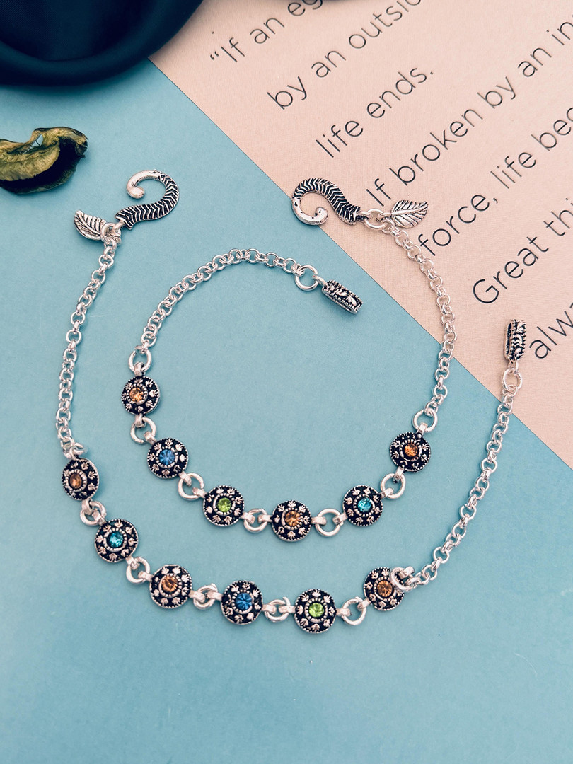 Sangria Set Of 2 Silver-Plated Stone Studded Anklets