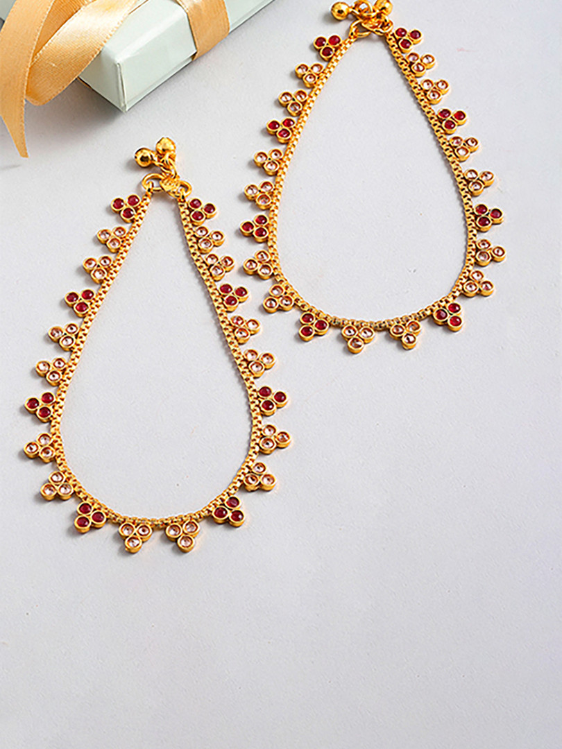 Anklets ZENEME Set Of 2 Gold-Plated Stone-Studded Beaded Handcrafted Anklets