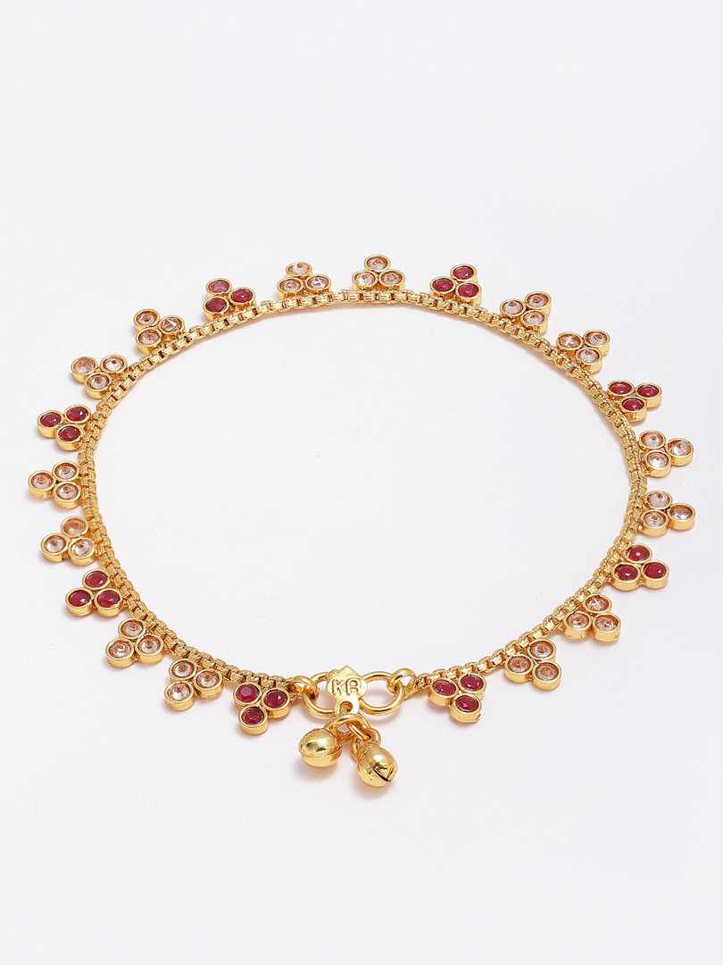 ZENEME Set Of 2 Gold-Plated Stone-Studded Beaded Handcrafted Anklets