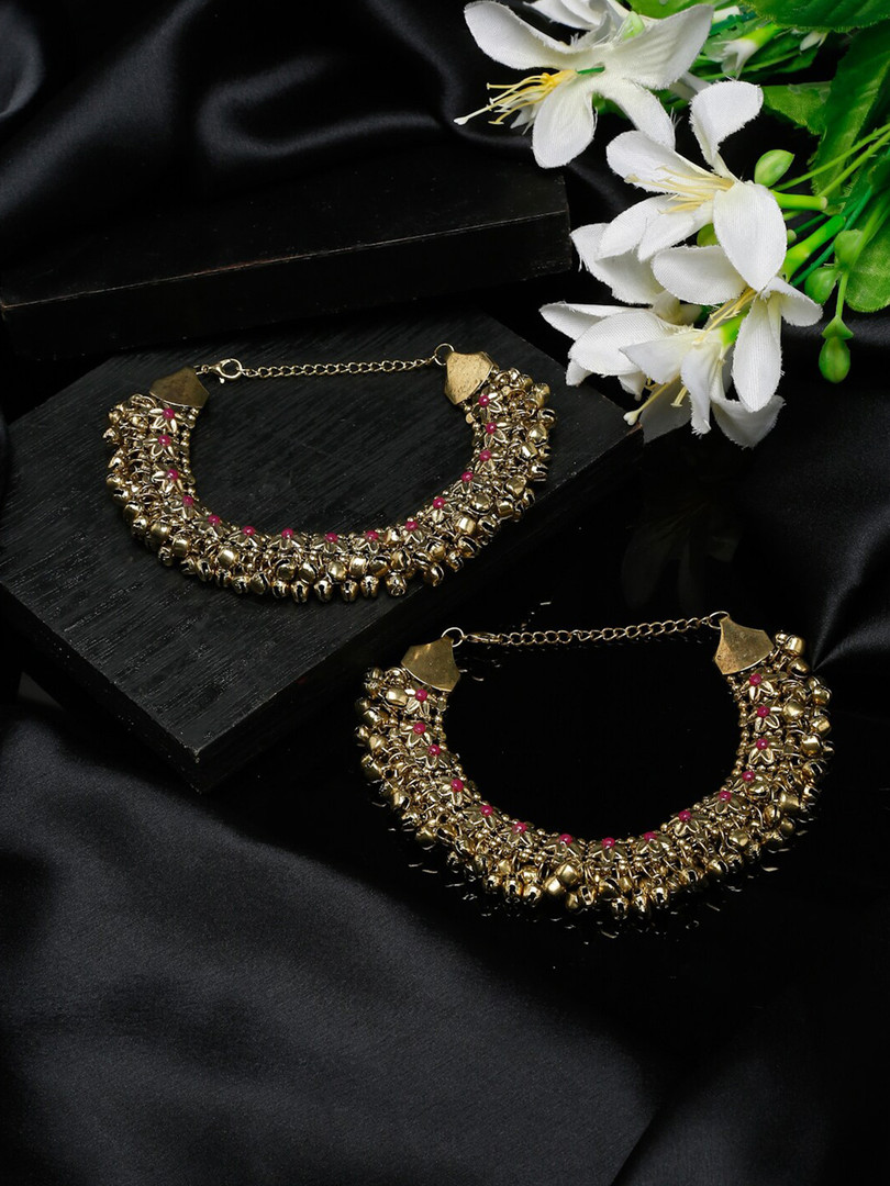 Anklets Sangria Set Of 2 German Silver Gold-Plated Oxidised Tribal Anklets