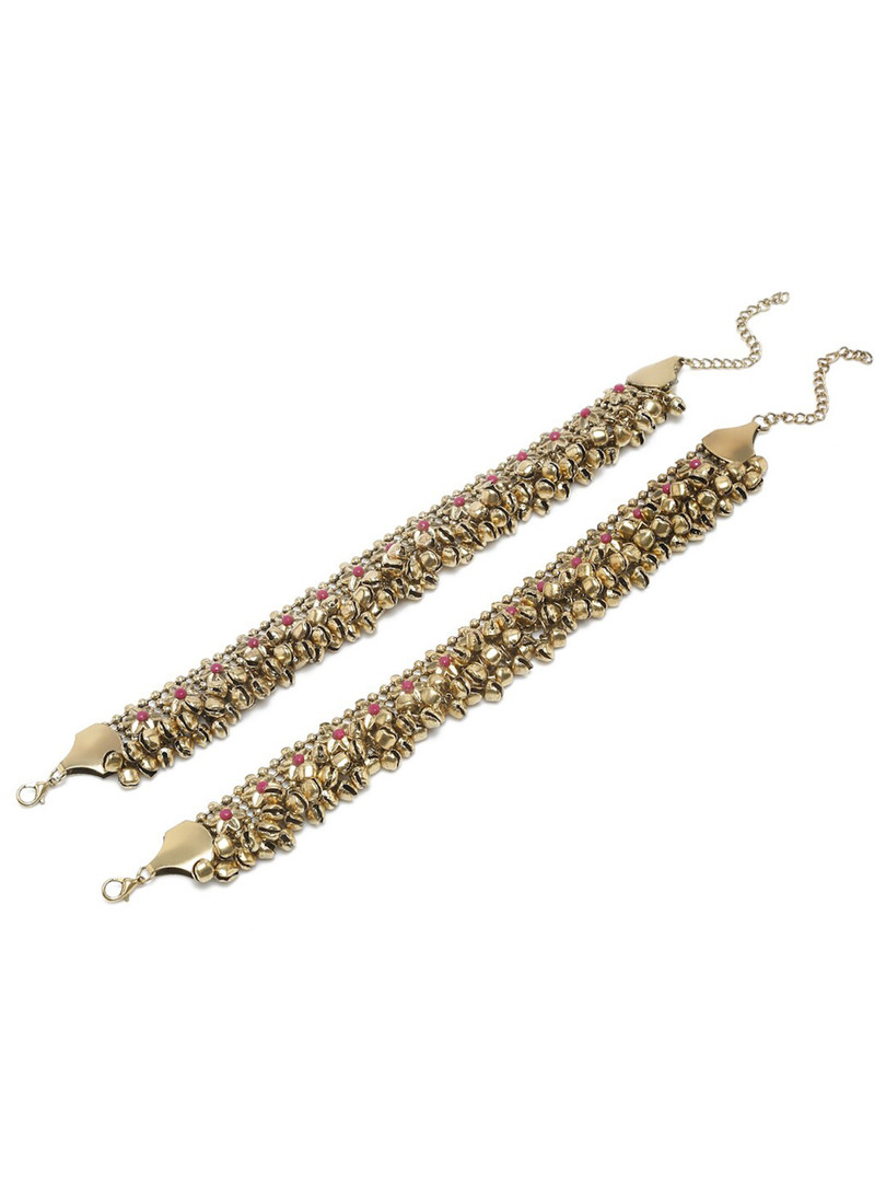Sangria Set Of 2 German Silver Gold-Plated Oxidised Tribal Anklets
