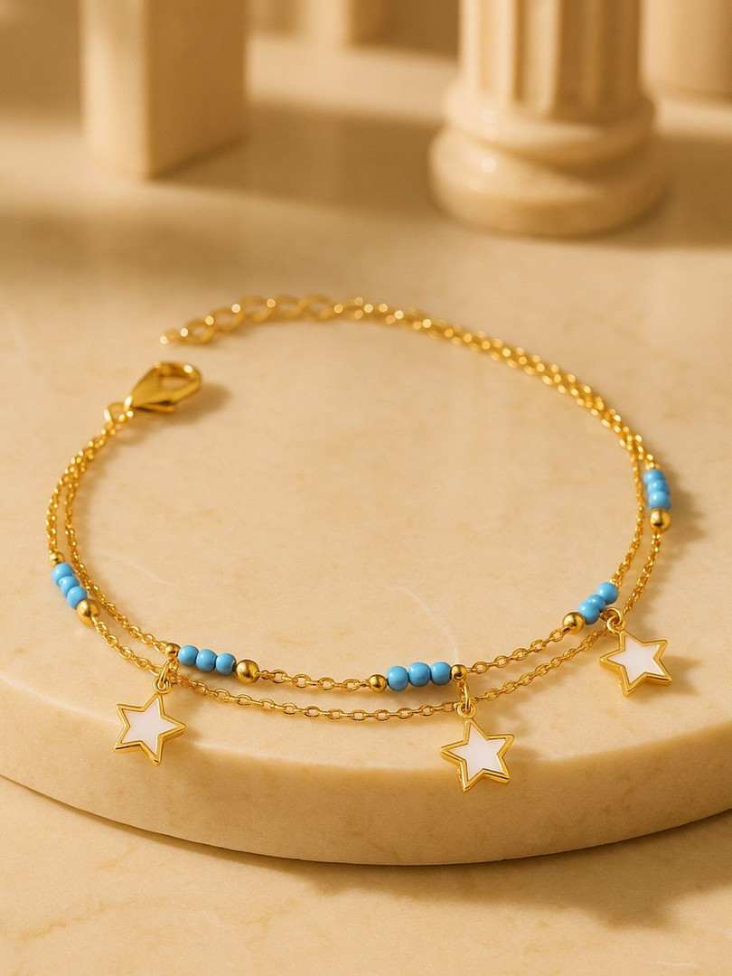 Anklets Rubans Stainless Steel 18K Gold-Plated Artificial Beaded Layered Anklet