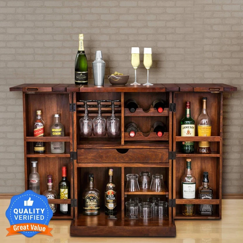 Cherry Wood Sheesham Wood Bar Cabinet Rack Hard and Soft Drinks S...more