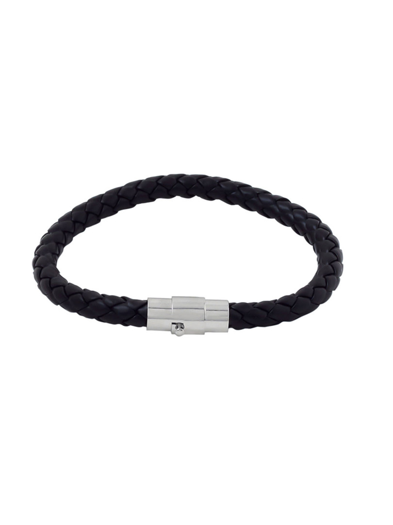 Yellow Chimes Men Black Leather Strand Bracelet