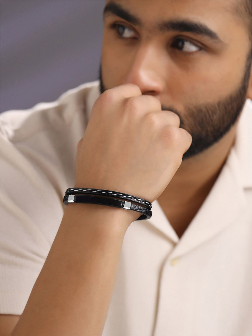 Bracelets Yellow Chimes Men Black & Silver-Toned Stainless Steel Wrist Leather Wraparound Bracelet