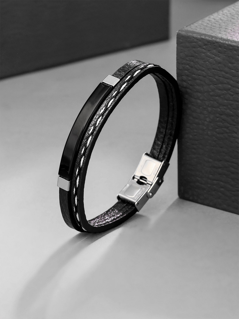 Yellow Chimes Men Black & Silver-Toned Stainless Steel Wrist Leather Wraparound Bracelet
