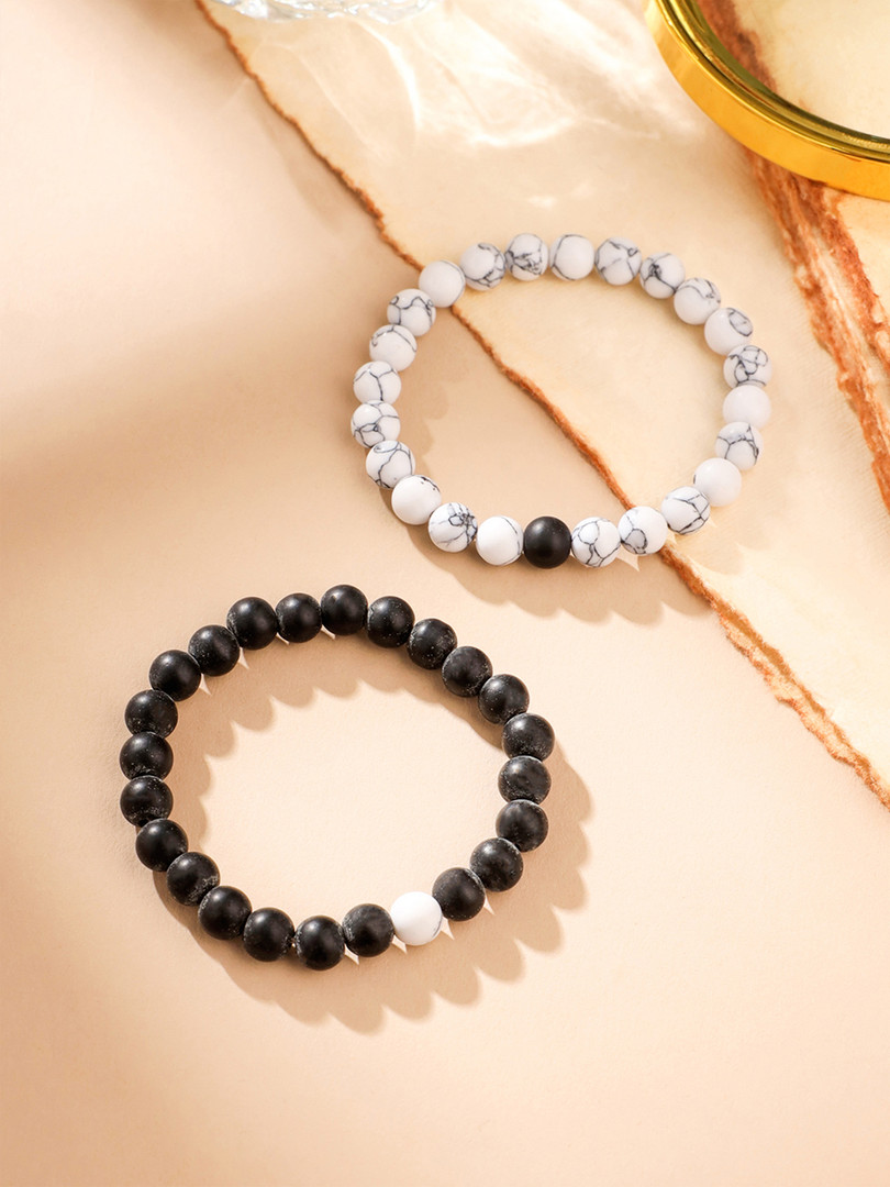 Yellow Chimes Unisex Set of 2 Black & White Bracelet Devine Beads Couple Bracelets