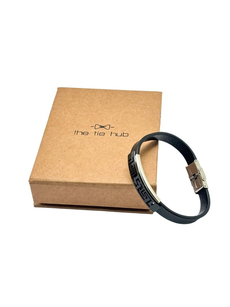 The Tie Hub Men Silver-Plated Greek Key Plate Design Faux Leather Wraparound Bracelet