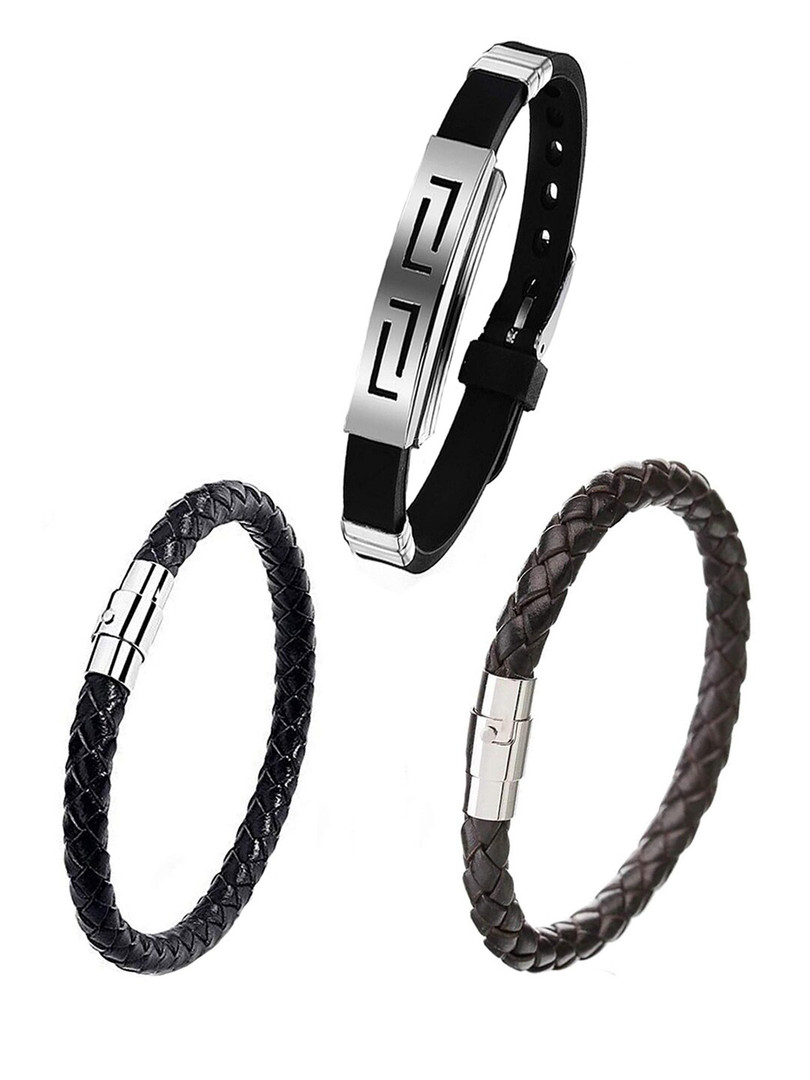 Yellow Chimes Men Brown and Black Silcon Type PU Leather Bracelet Set