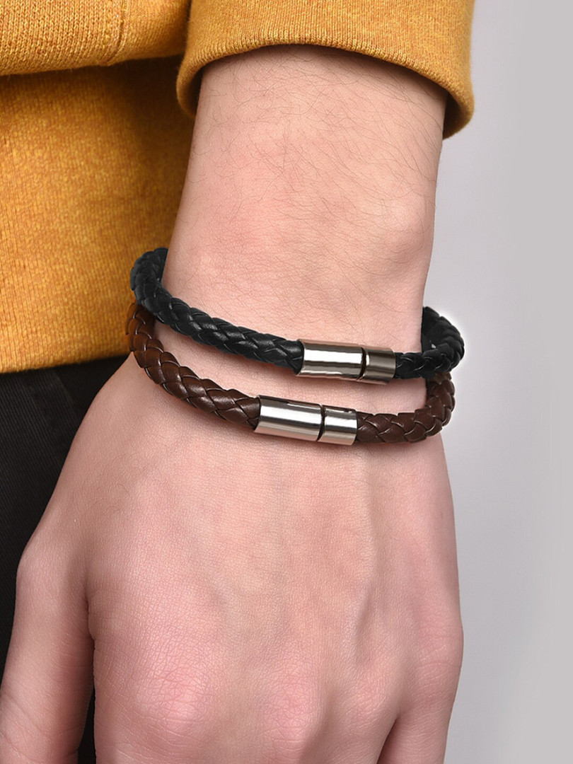 Yellow Chimes Men Brown and Black Silcon Type PU Leather Bracelet Set