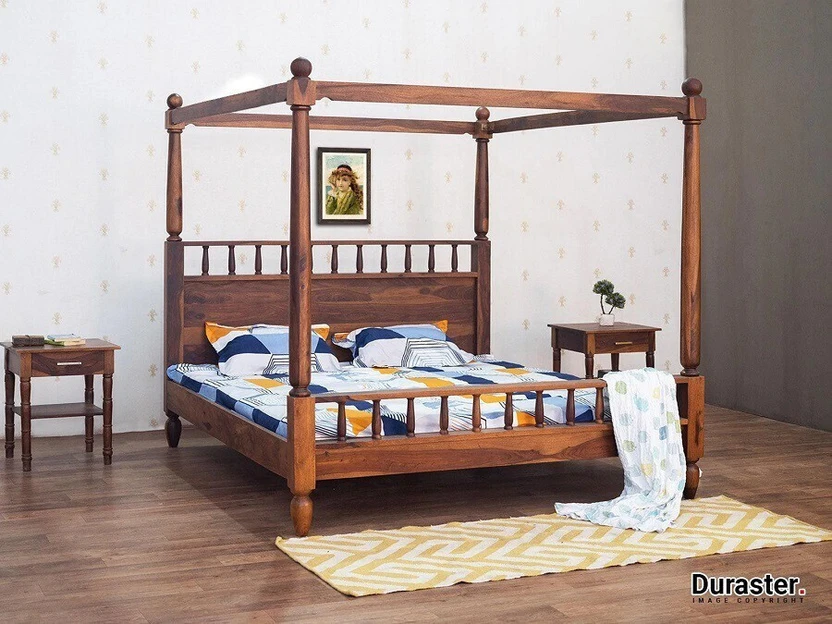 WOODSTAGE Solid Sheesham Wood Four-Poster Bed For Bedroom Solid W...more