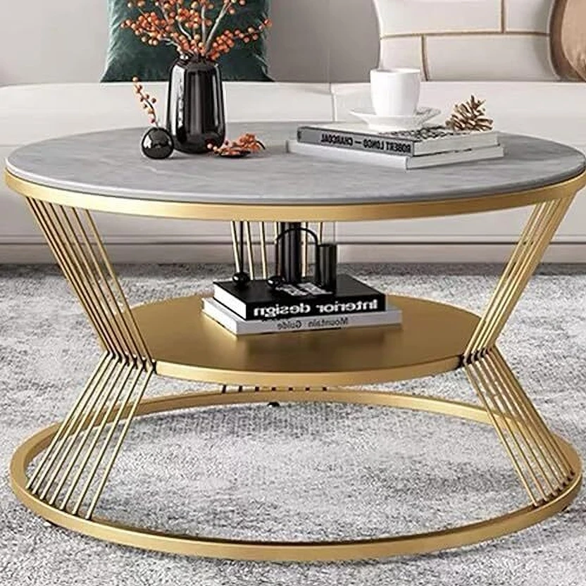 SS CRAFTMAKERS Round Coffee Table Double Layer Marble Look Stone ...more