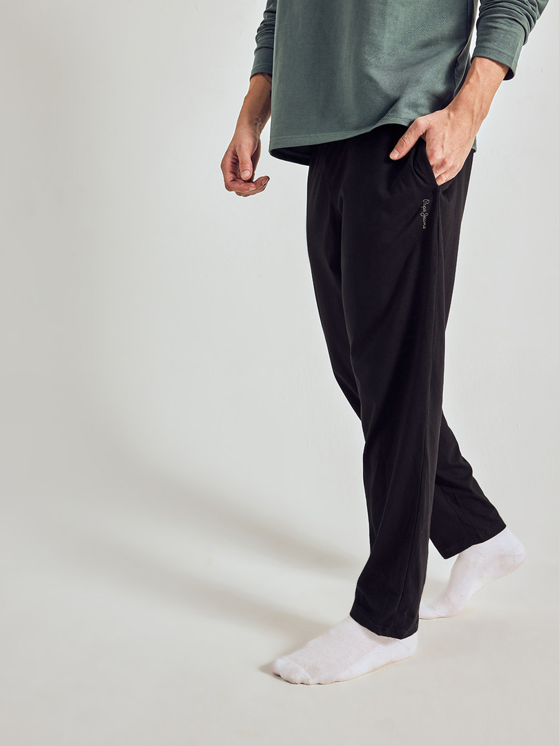 Pepe Jeans Men Black Solid Regular Fit Athleisure Cotton Lounge Pants