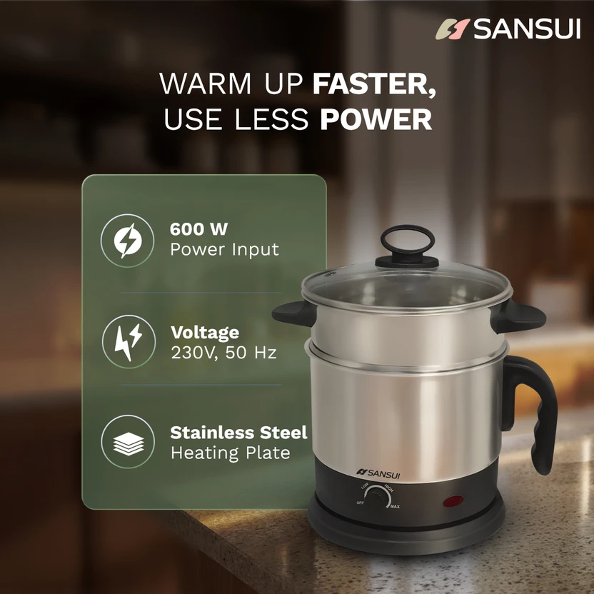 Sansui Steel Pro Multi Cooker Electric Kettle (1.2 L, Black & Sil...more