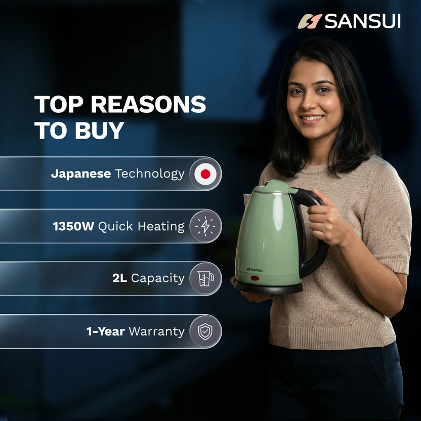 Sansui MaxBoil Electric Kettle (2 L, Black, Green)