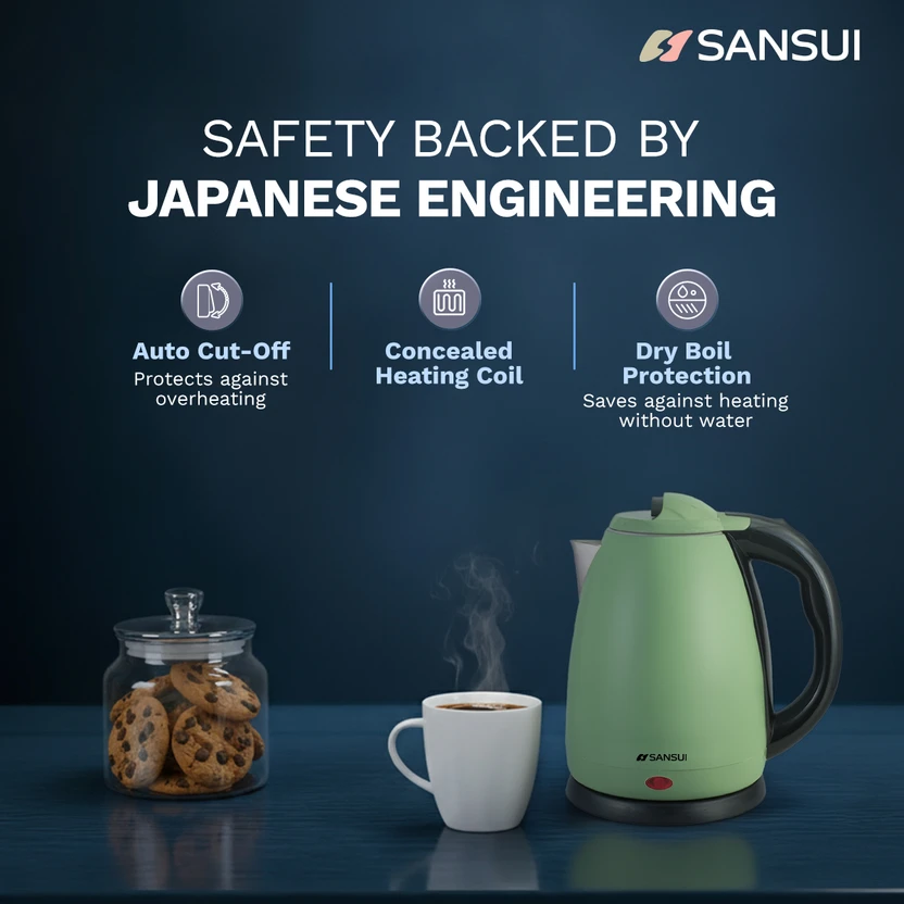 Sansui MaxBoil Electric Kettle (2 L, Black, Green)