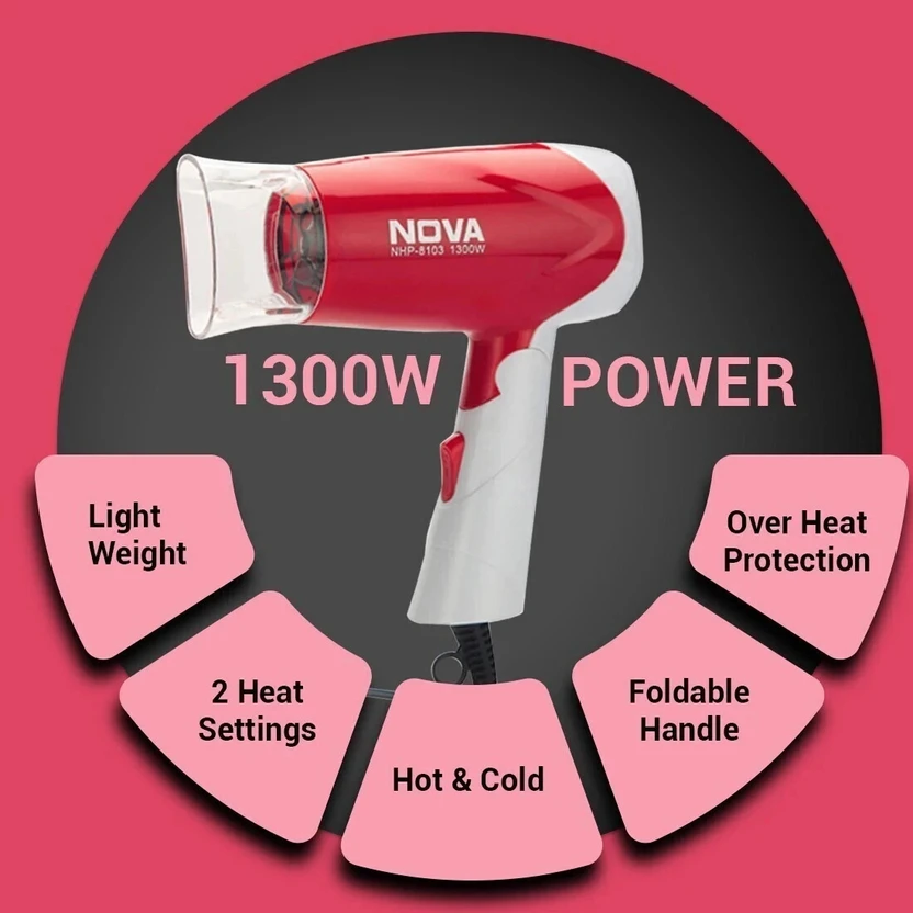 NOVA NHP 8103 Hair Dryer (1300 W, White, Red)