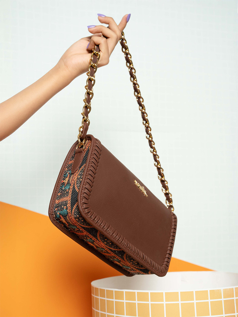 Alt by Zouk Women Aalya Baguette Royal Indian Peacock Motif Textured Sling Bag