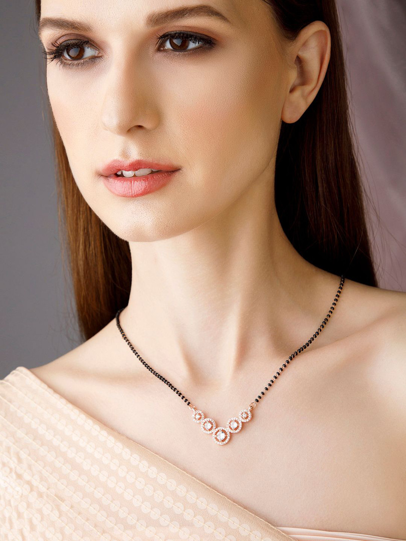 Rubans 18K Rose Gold Plated Cubic Zirconia Studded Black Beaded Mangalsutra