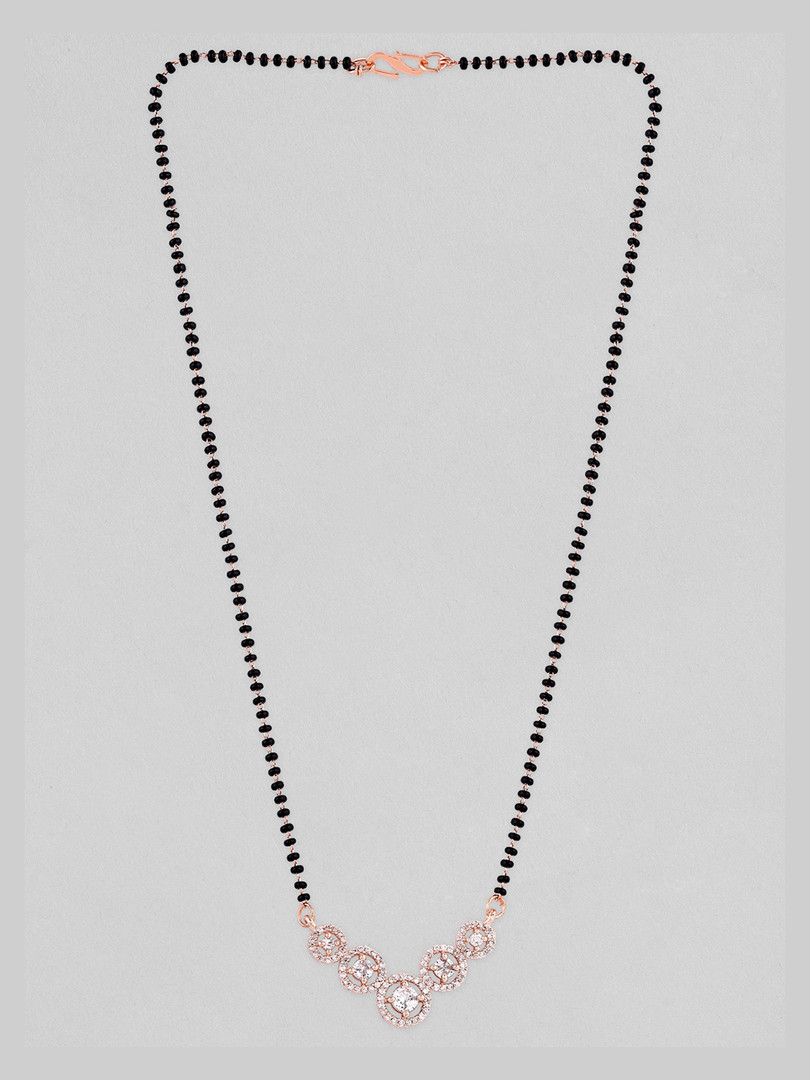 Rubans 18K Rose Gold Plated Cubic Zirconia Studded Black Beaded Mangalsutra