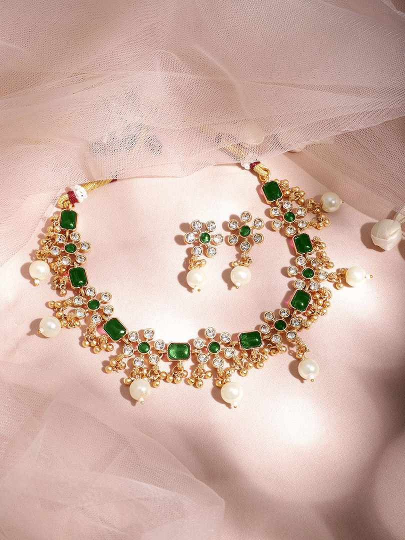 Rubans 22K Gold Plated Emerald & Zirconia Studded Necklace Set with Gold & Pearl Beaded