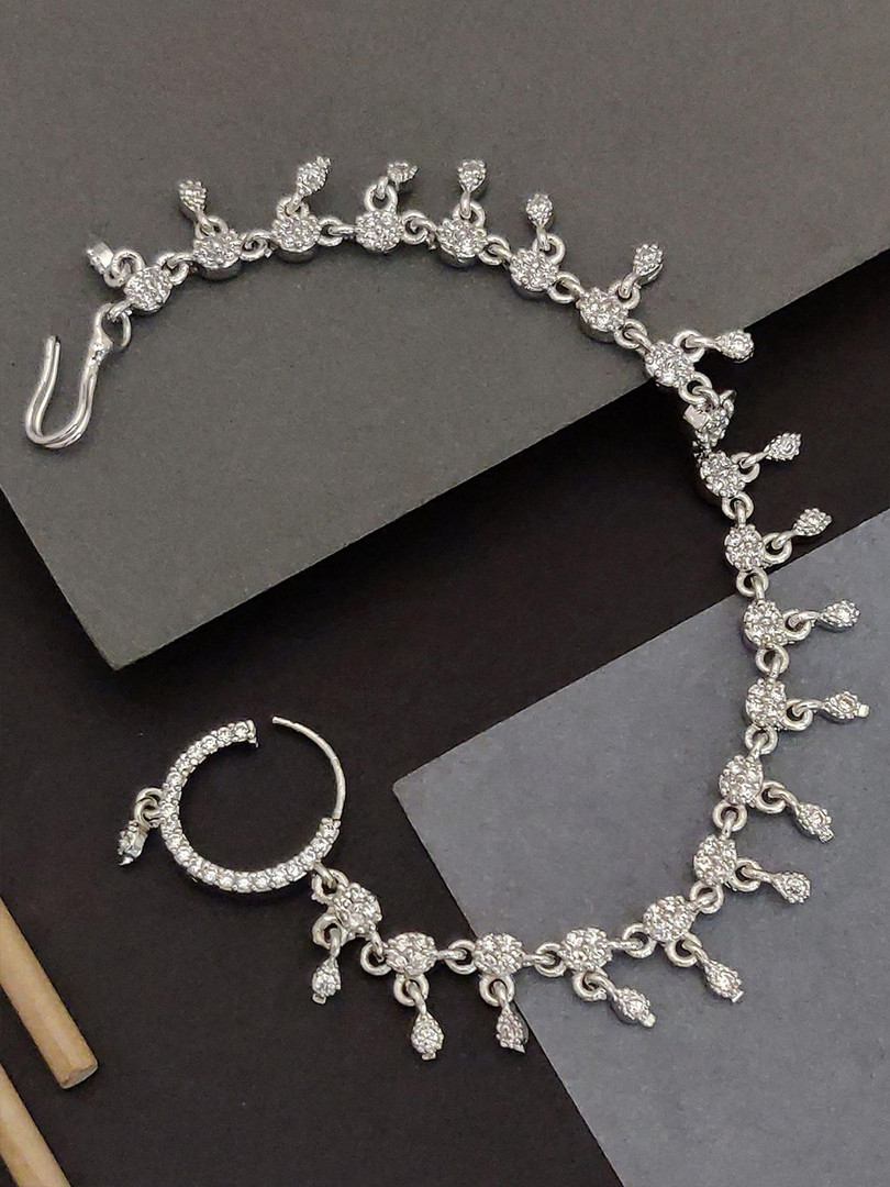 ABDESIGNS Silver-Plated Cubic Zirconia Studded Chained Nosepin