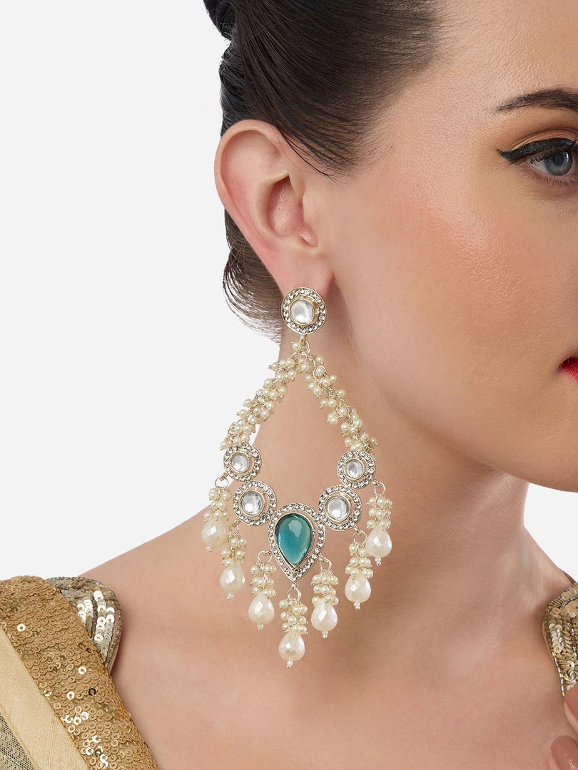 Zaveri Pearls Gold-Plated Artificial Stones Studded & Beaded Oval Shaped Drop Earrings