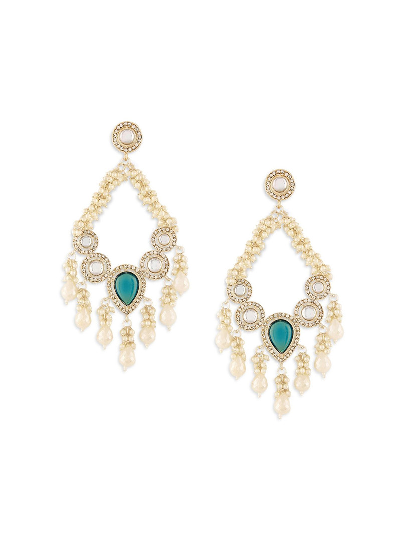 Zaveri Pearls Gold-Plated Artificial Stones Studded & Beaded Oval Shaped Drop Earrings