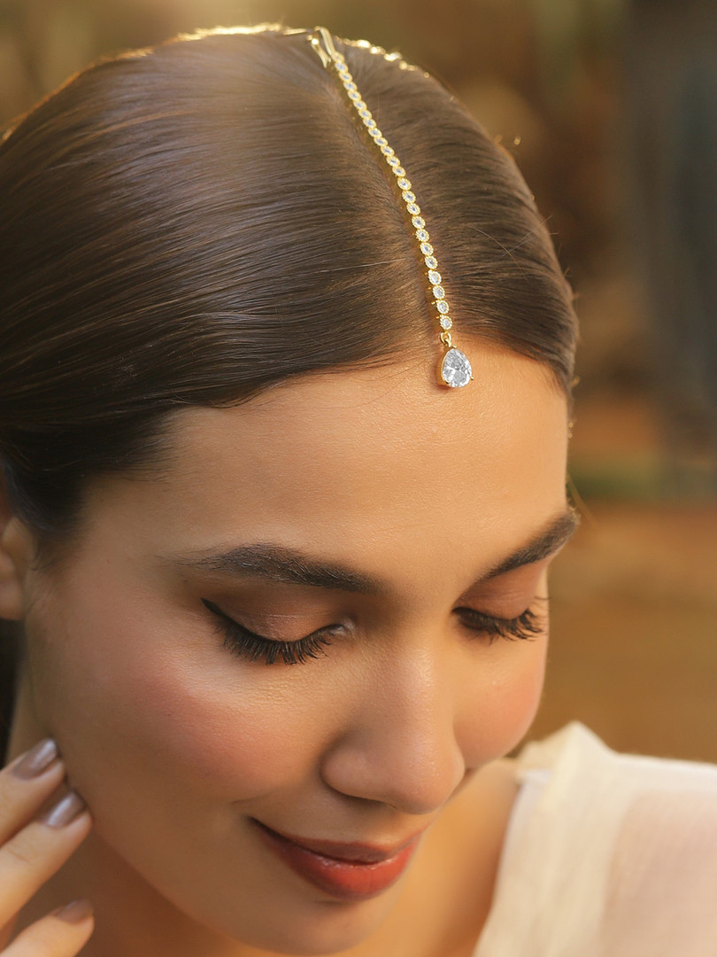 Jewellery Rubans Stylish 22KT Gold Plated Cubic Zirconia Studded & AD Drop Handcrafted Maang Tikkas