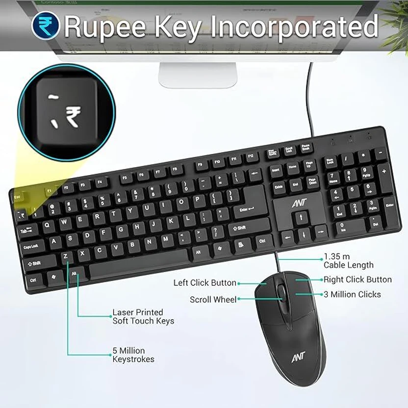 Ant Value FKBRI02 / Spill-Resistant, Silent Keys,1000 DPI Mouse &...more