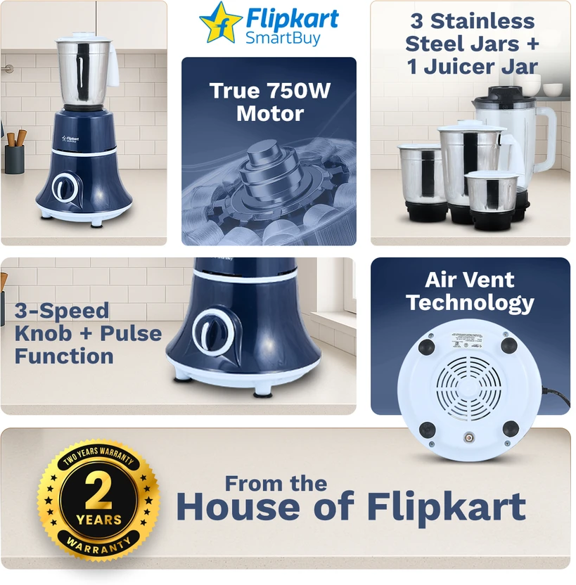 Flipkart SmartBuy - 750 W Juicer Mixer Grinder (Kitchen King | 4 ...more