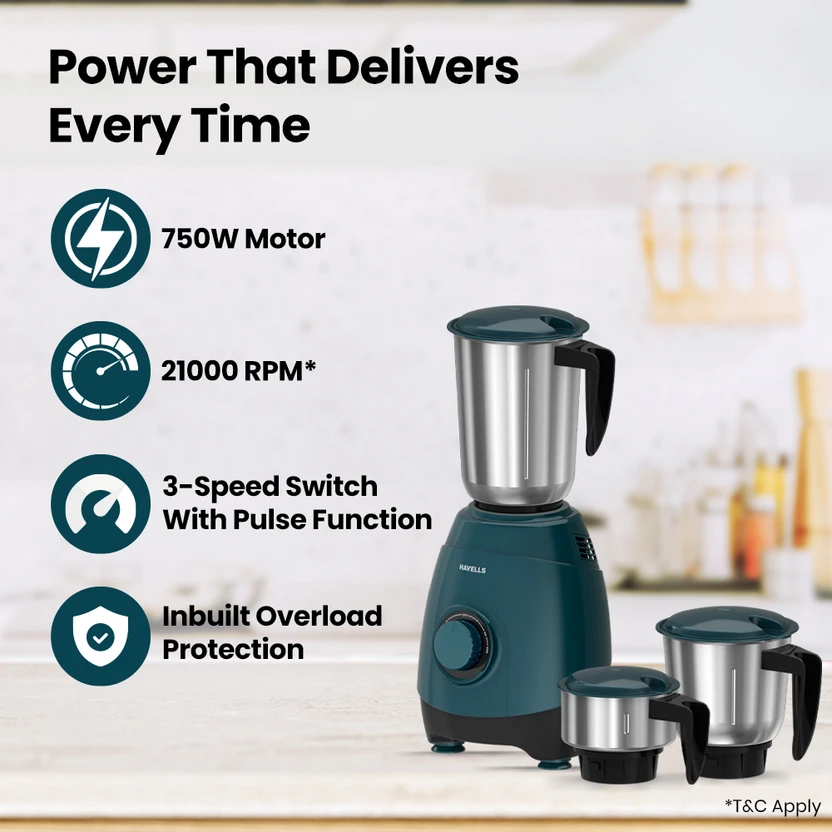 HAVELLS ESO 750 W Mixer Grinder (GHFMGELG075 | 3 Jars | Green)