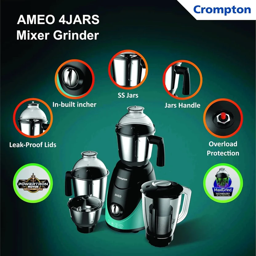 Crompton Ameo 750 W Mixer Grinder (ACGM-AMEO-4 JARS | 4 Jars | Bl...more