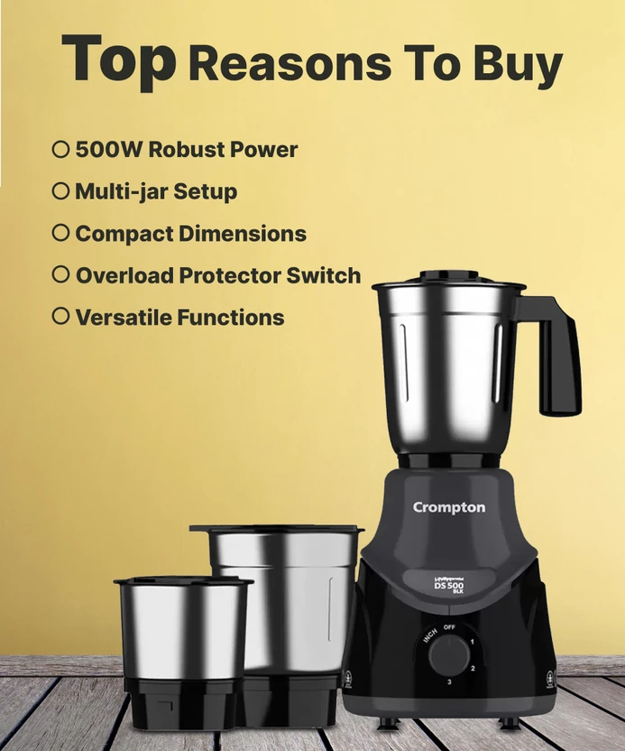 Crompton DS 500 W Mixer Grinder (ACGM-DS500W3J BLK | 3 Jars | Bla...more