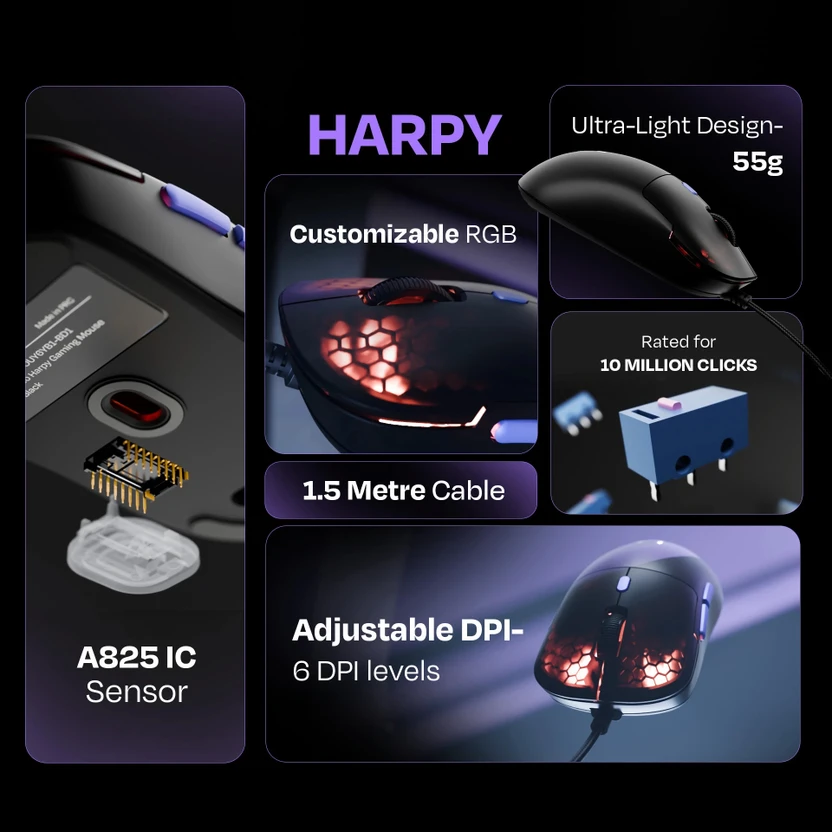 Kreo Harpy 55g Ultra-Light Customizable RGB Gaming Mouse Wired, 1...more