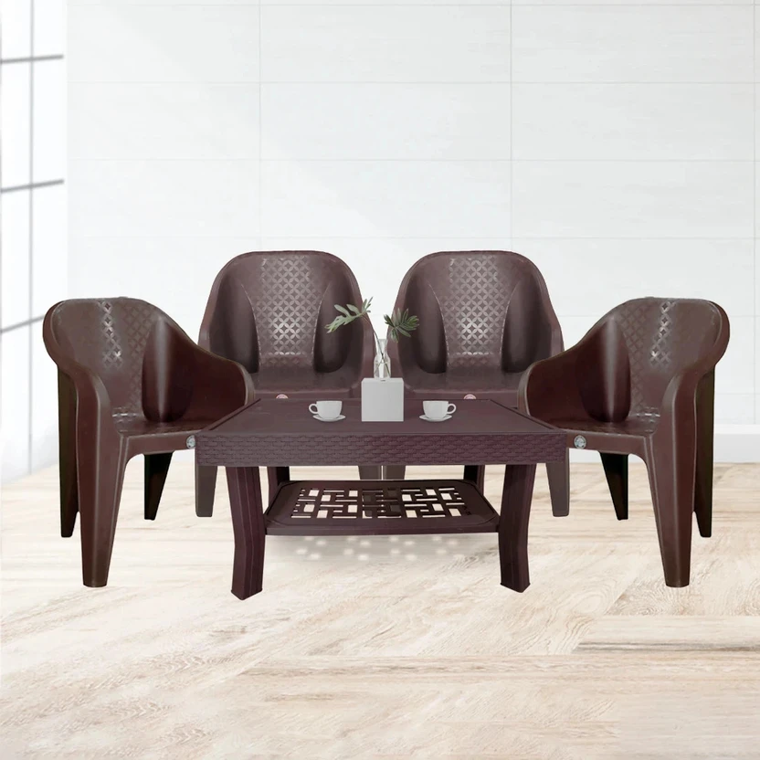 Outdoor Furniture HELLO Plastic Table & Chair Set (Finish Color - Dark Brown, DIY(D...more