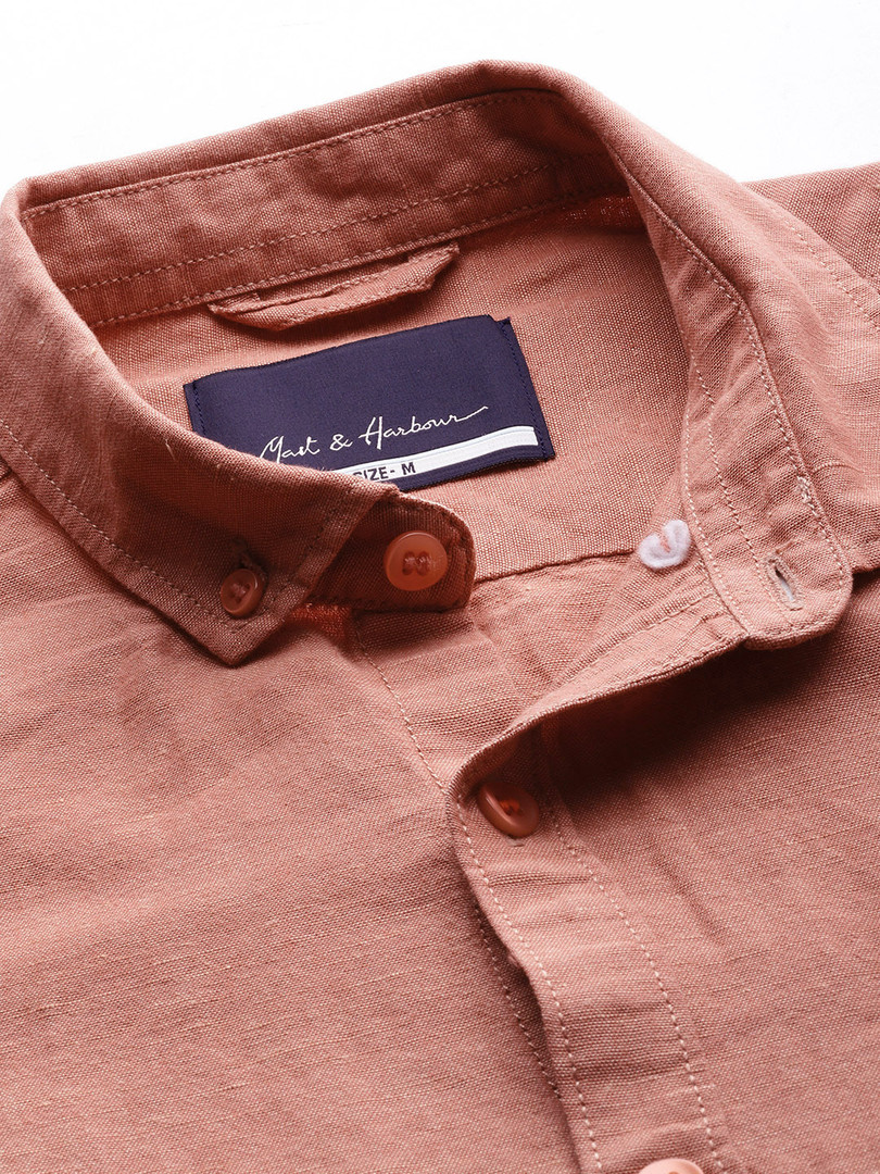 Mast & Harbour Men Rust Pink Regular Fit Solid Casual Linen Cotton Shirt