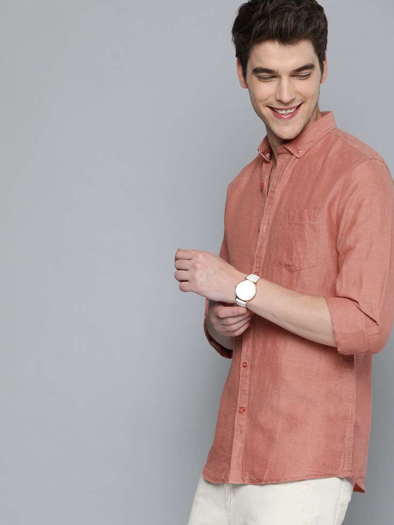 Mast & Harbour Men Rust Pink Regular Fit Solid Casual Linen Cotton Shirt