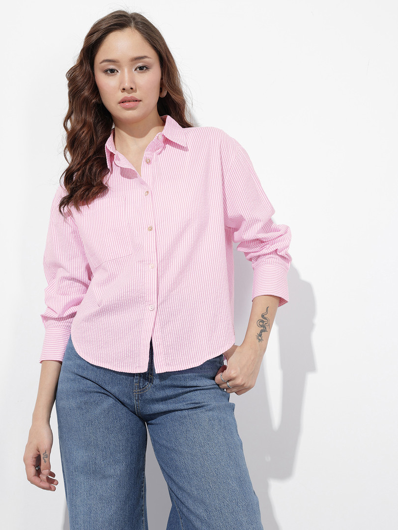 Roadster The Life Co. Oversized Striped Seersucker Pure Cotton Shirt