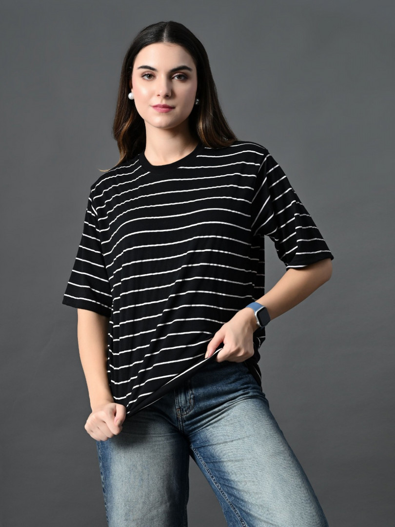 CORSICA Women Bio Finish Striped Round Neck Cotton Relaxed Fit T-shirt