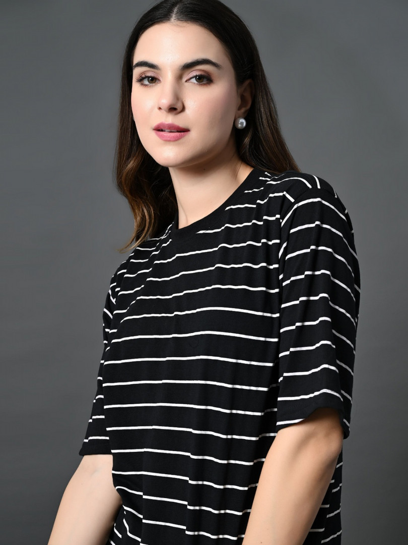 CORSICA Women Bio Finish Striped Round Neck Cotton Relaxed Fit T-shirt