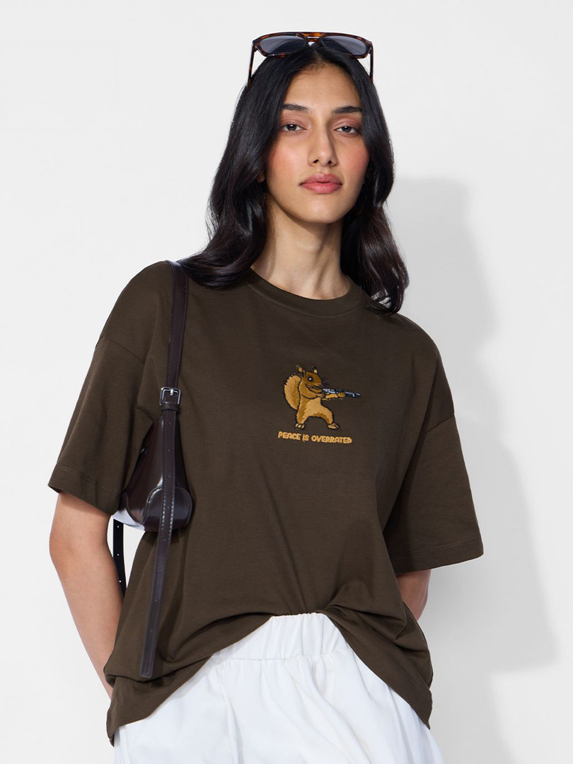 The Souled Store Women Oversized Fit Printed Brown T-Shirts