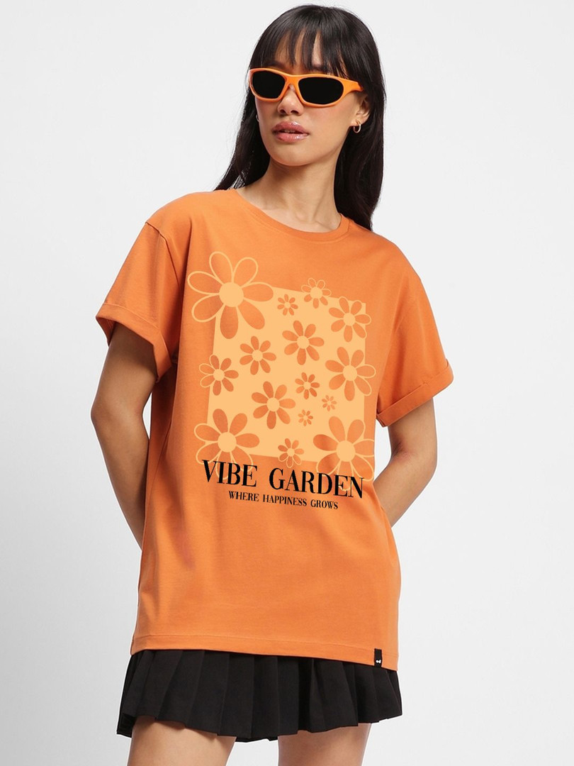 Bewakoof Women Caramel Orange Vibe Garden Graphic Printed Boyfriend T-shirt