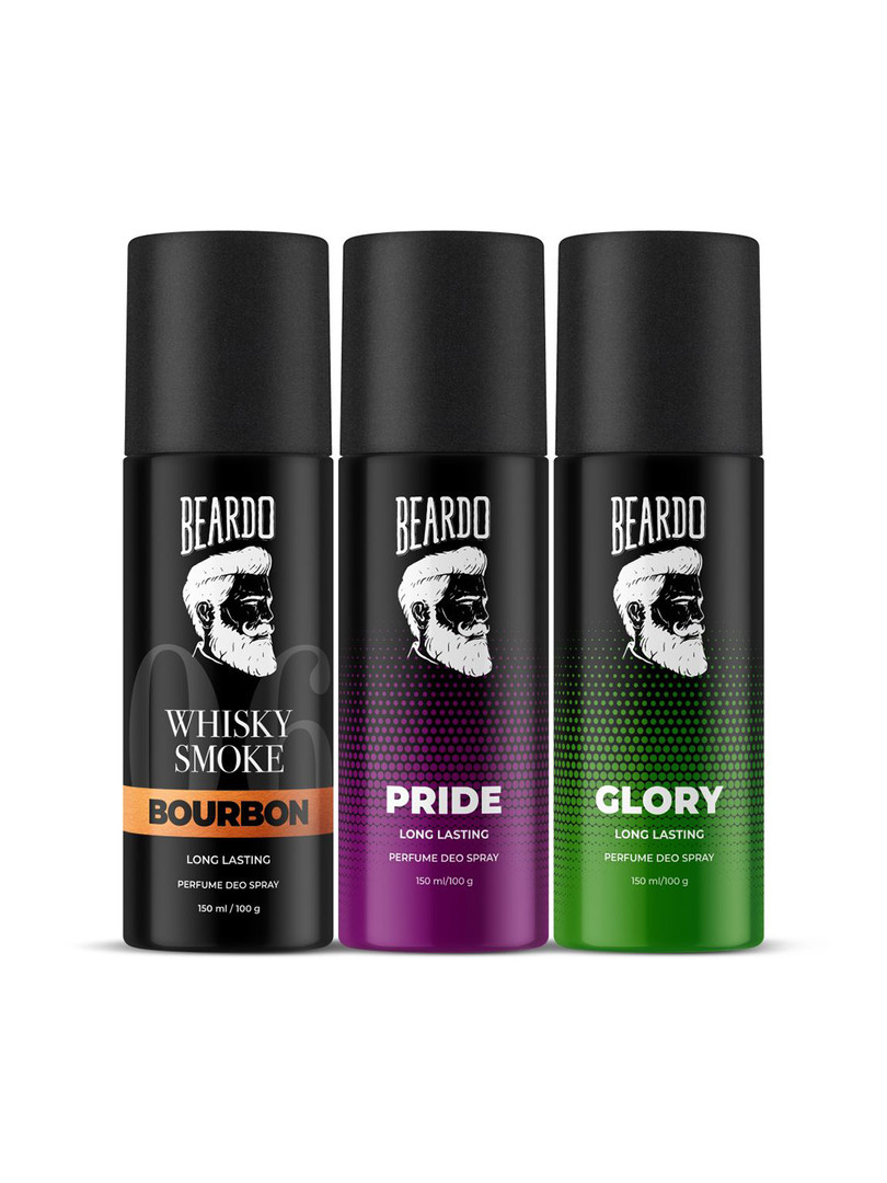 BEARDO Men Set of 3 Long Lasting Deo Spray 150ml/100g each - Bourbon + Pride + Glory