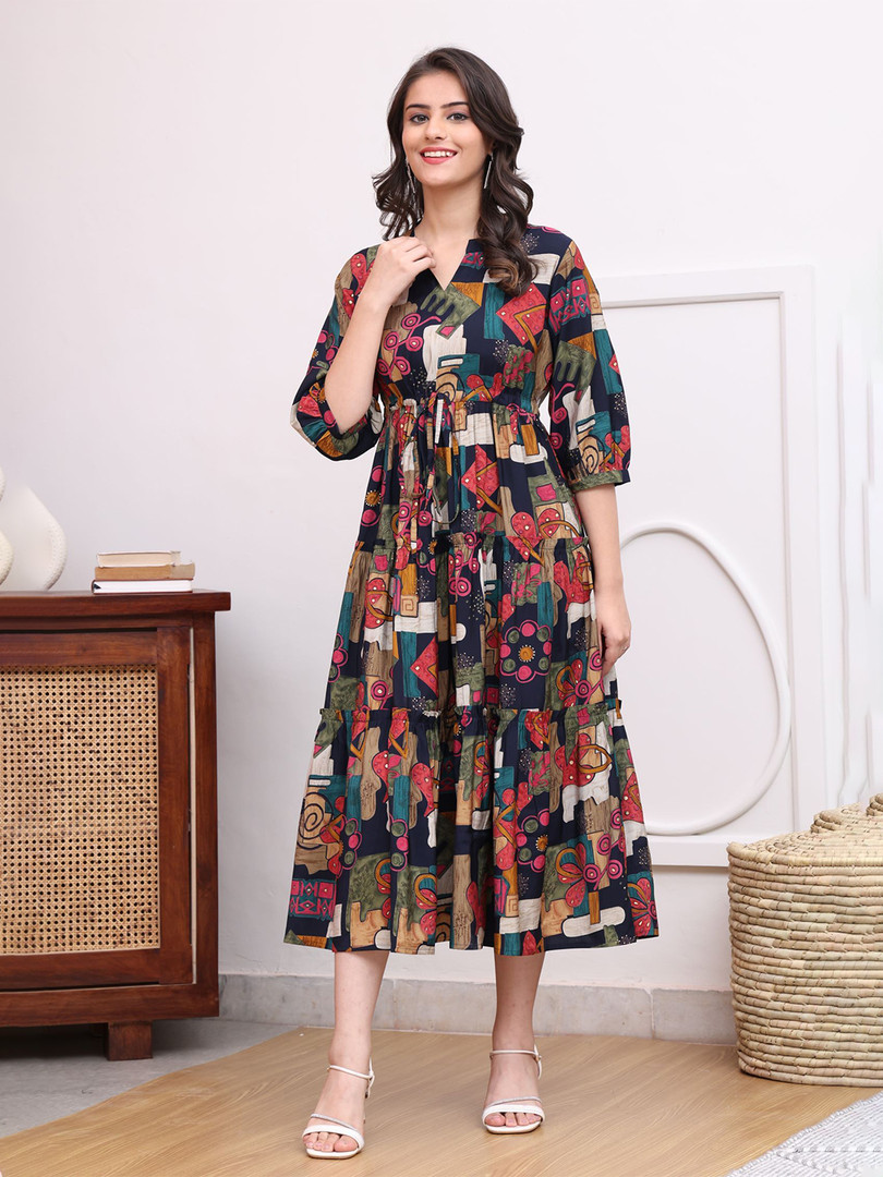 dresses Claura Women Abstract Printed Mandarin Collar A-Line Dress